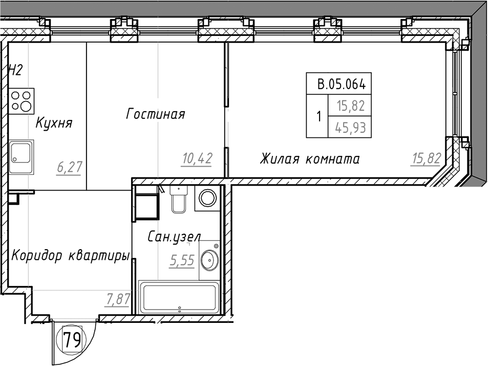 1-комнатная квартира 45.93 м², 5/9 эт., ЖК «Akzent»