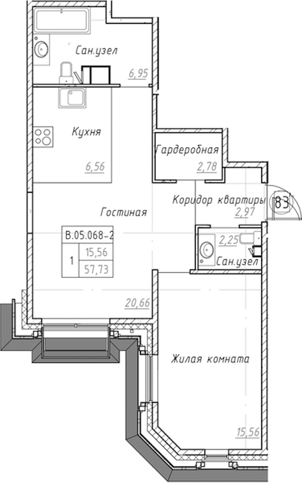 1-комнатная квартира 57.73 м², 5/9 эт., ЖК «Akzent»