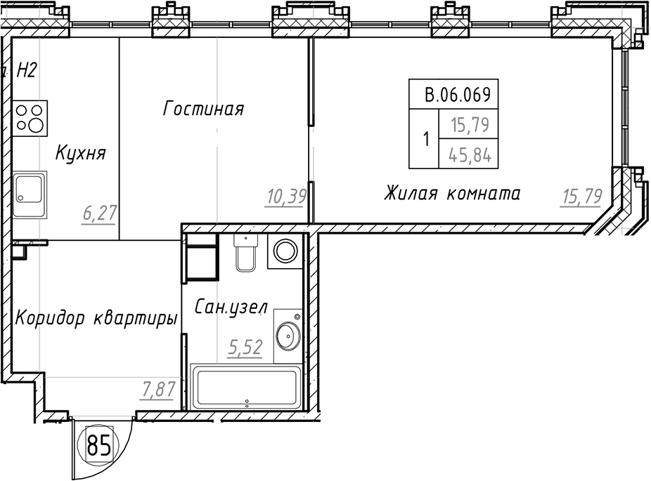 1-комнатная квартира 45.84 м², 6/9 эт., ЖК «Akzent»