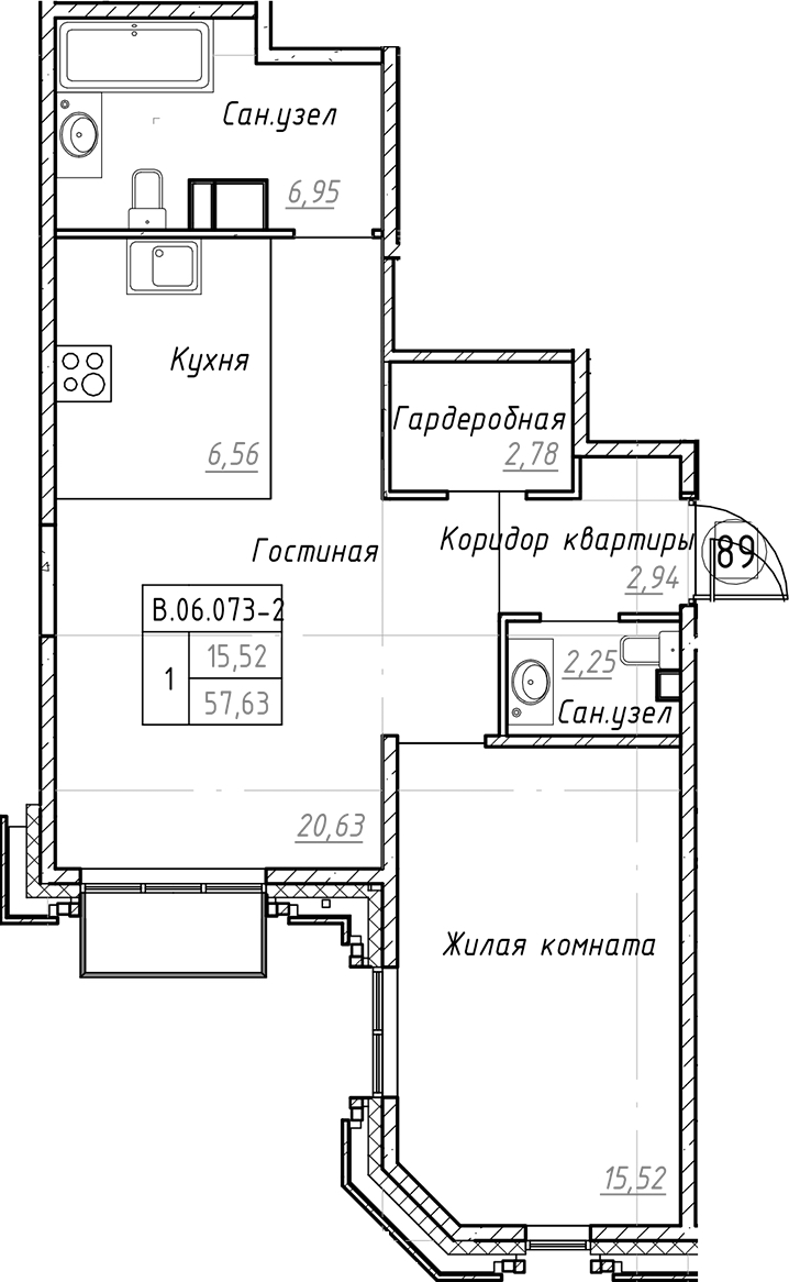 1-комнатная квартира 57.63 м², 6/9 эт., ЖК «Akzent»