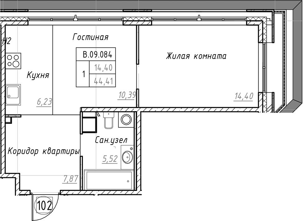 1-комнатная квартира 44.41 м², 9/9 эт., ЖК «Akzent»