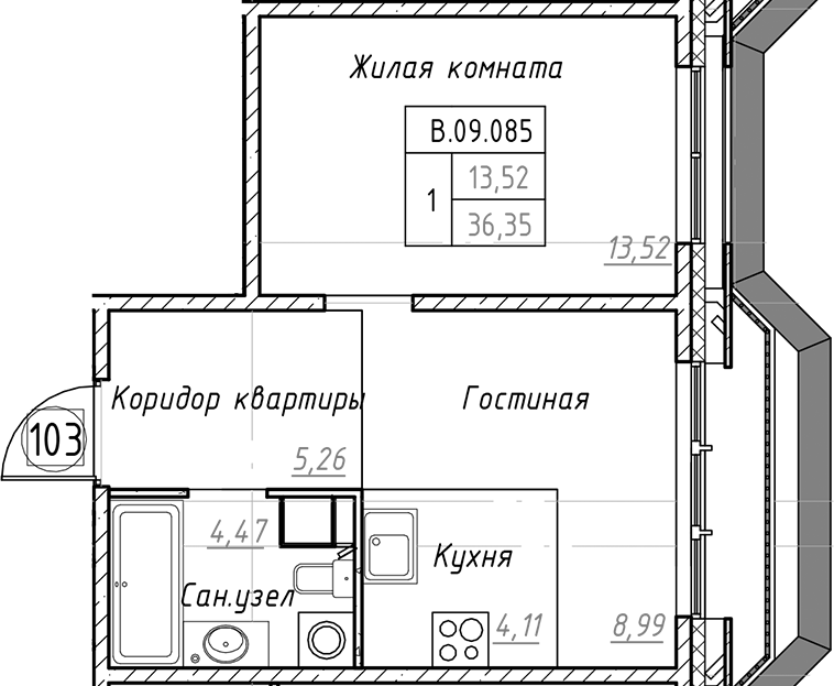 1-комнатная квартира 36.35 м², 9/9 эт., ЖК «Akzent»