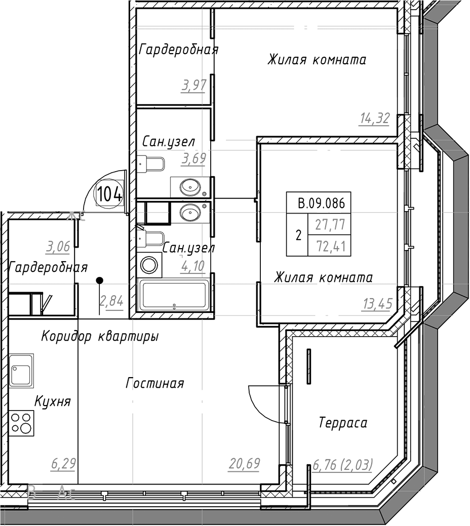 2-комнатная квартира 74.44 м², 9/9 эт., ЖК «Akzent»