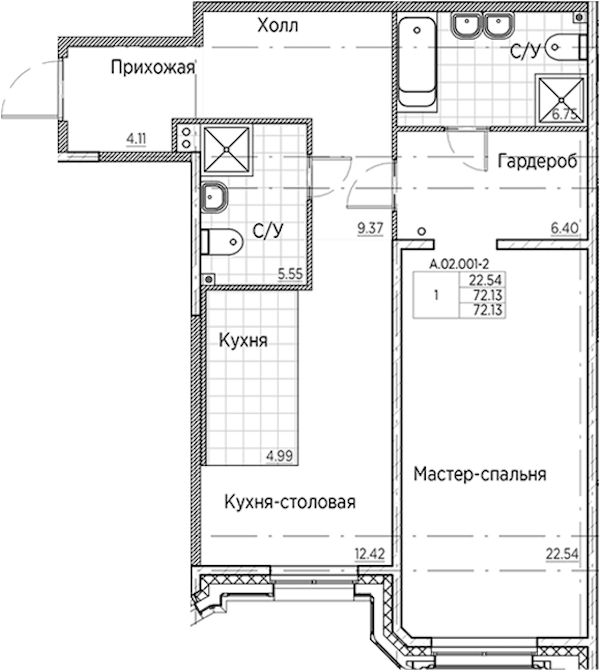 1-комнатная квартира 72.13 м², 2/6 эт., ЖК «AMO»