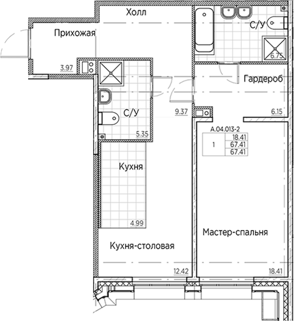 1-комнатная квартира 67.41 м², 4/6 эт., ЖК «AMO»