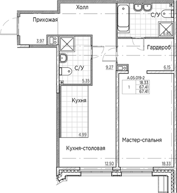 1-комнатная квартира 67.41 м², 5/6 эт., ЖК «AMO»