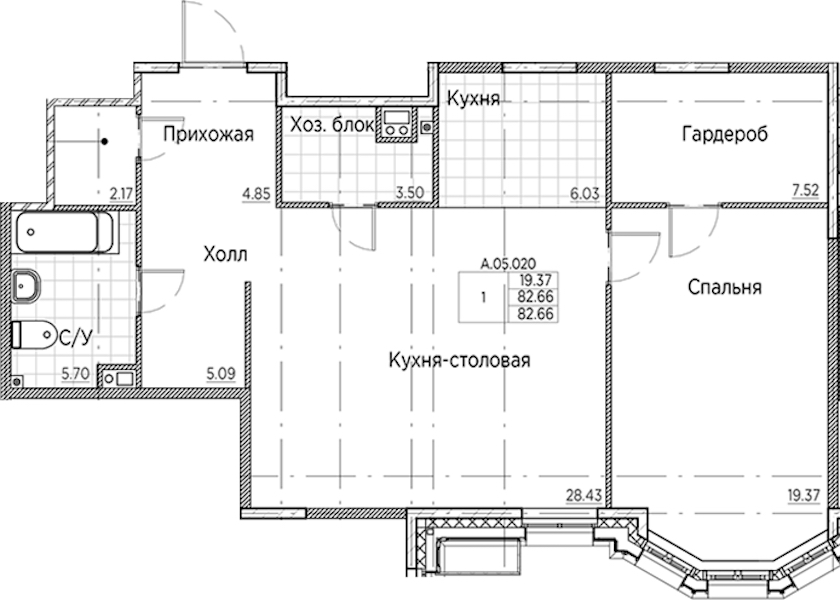 1-комнатная квартира 82.66 м², 5/6 эт., ЖК «AMO»