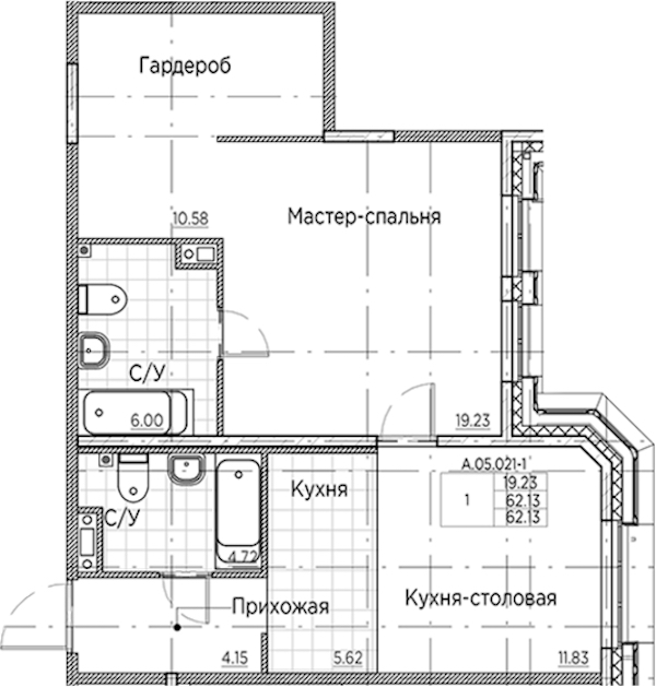 1-комнатная квартира 62.13 м², 5/6 эт., ЖК «AMO»