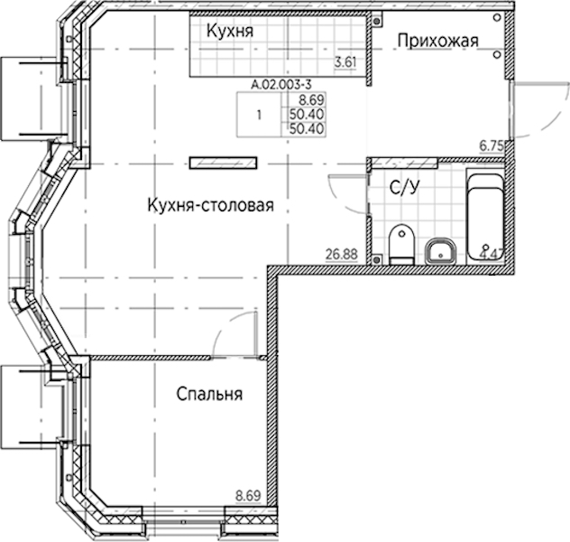 1-комнатная квартира 50.4 м², 2/6 эт., ЖК «AMO»
