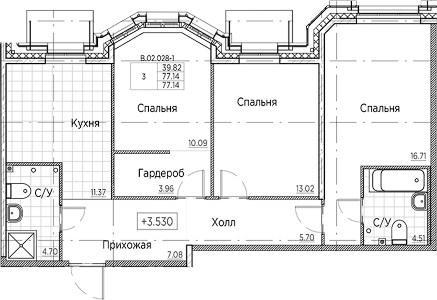 3-комнатная квартира 77.14 м², 2/6 эт., ЖК «AMO»