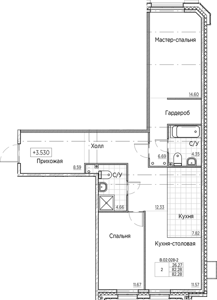 2-комнатная квартира 82.28 м², 2/6 эт., ЖК «AMO»