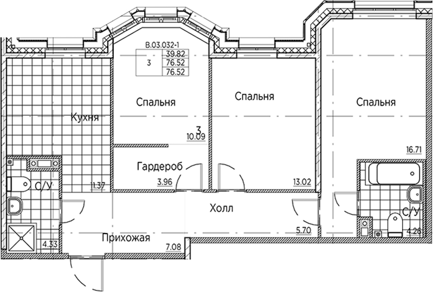 3-комнатная квартира 76.52 м², 3/6 эт., ЖК «AMO»