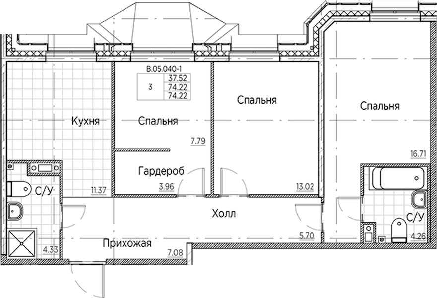 3-комнатная квартира 74.22 м², 5/6 эт., ЖК «AMO»