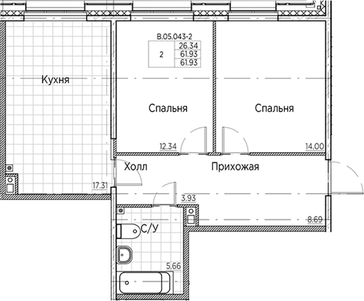 2-комнатная квартира 61.93 м², 5/6 эт., ЖК «AMO»