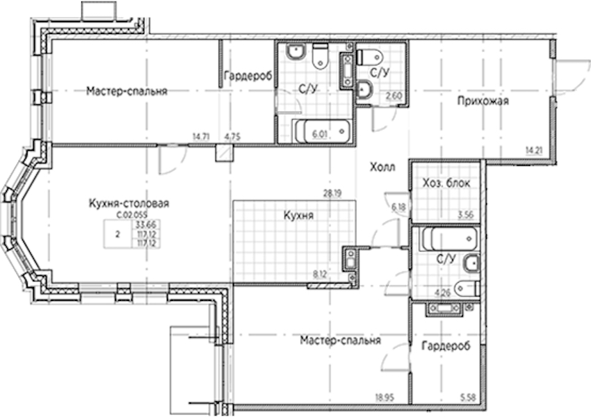 2-комнатная квартира 117.12 м², 2/6 эт., ЖК «AMO»