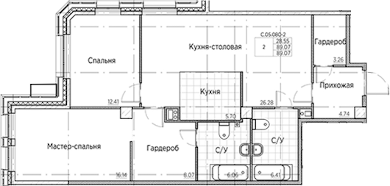 2-комнатная квартира 89.07 м², 5/6 эт., ЖК «AMO»