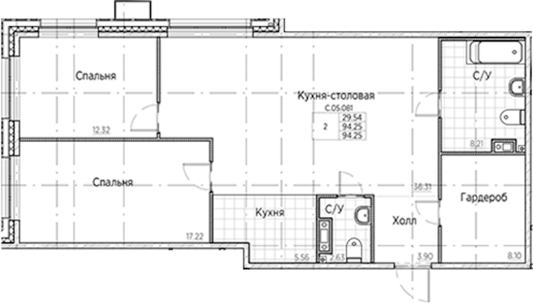 2-комнатная квартира 94.25 м², 5/6 эт., ЖК «AMO»