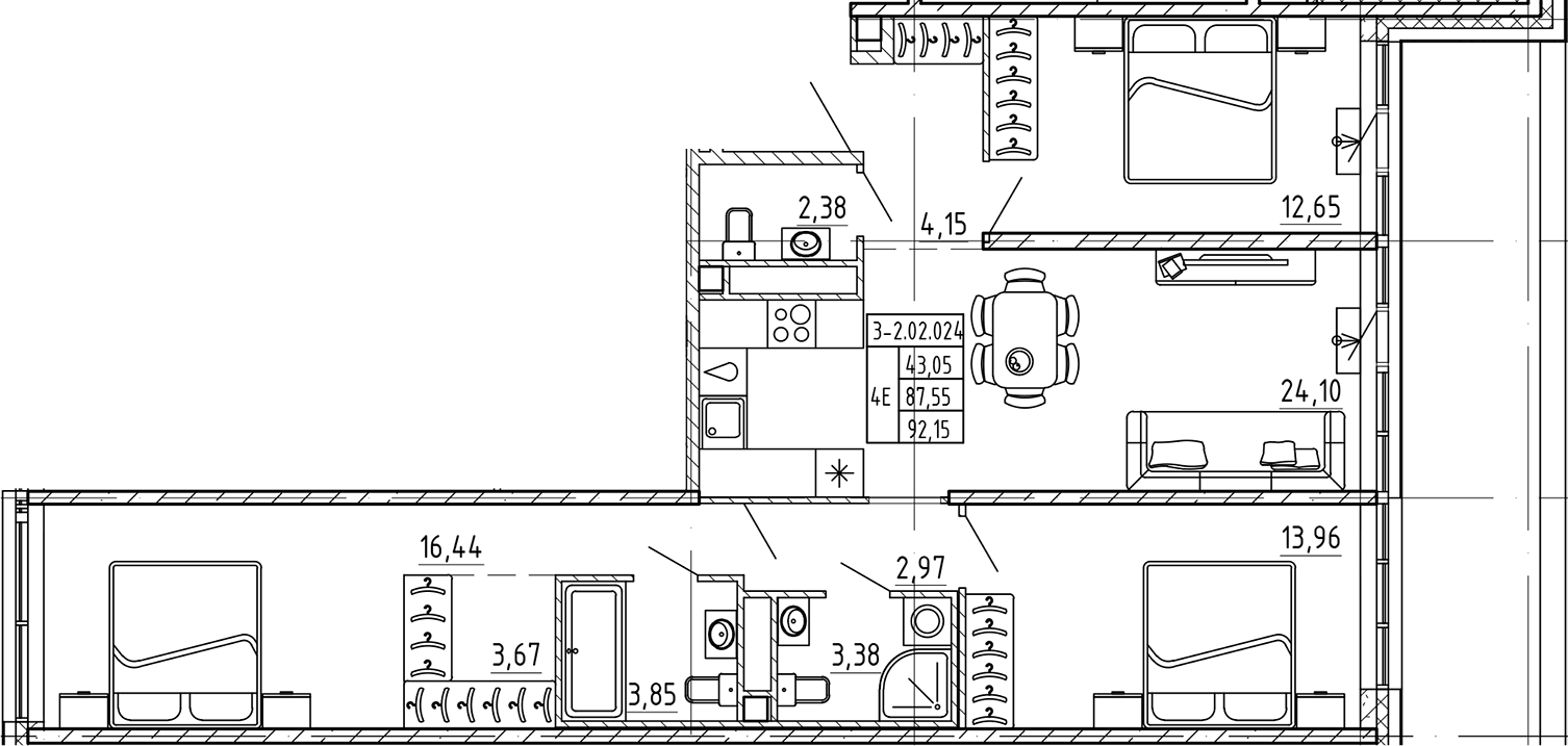3-комнатная квартира 92.15 м², 2/4 эт., ЖК «AVANT»