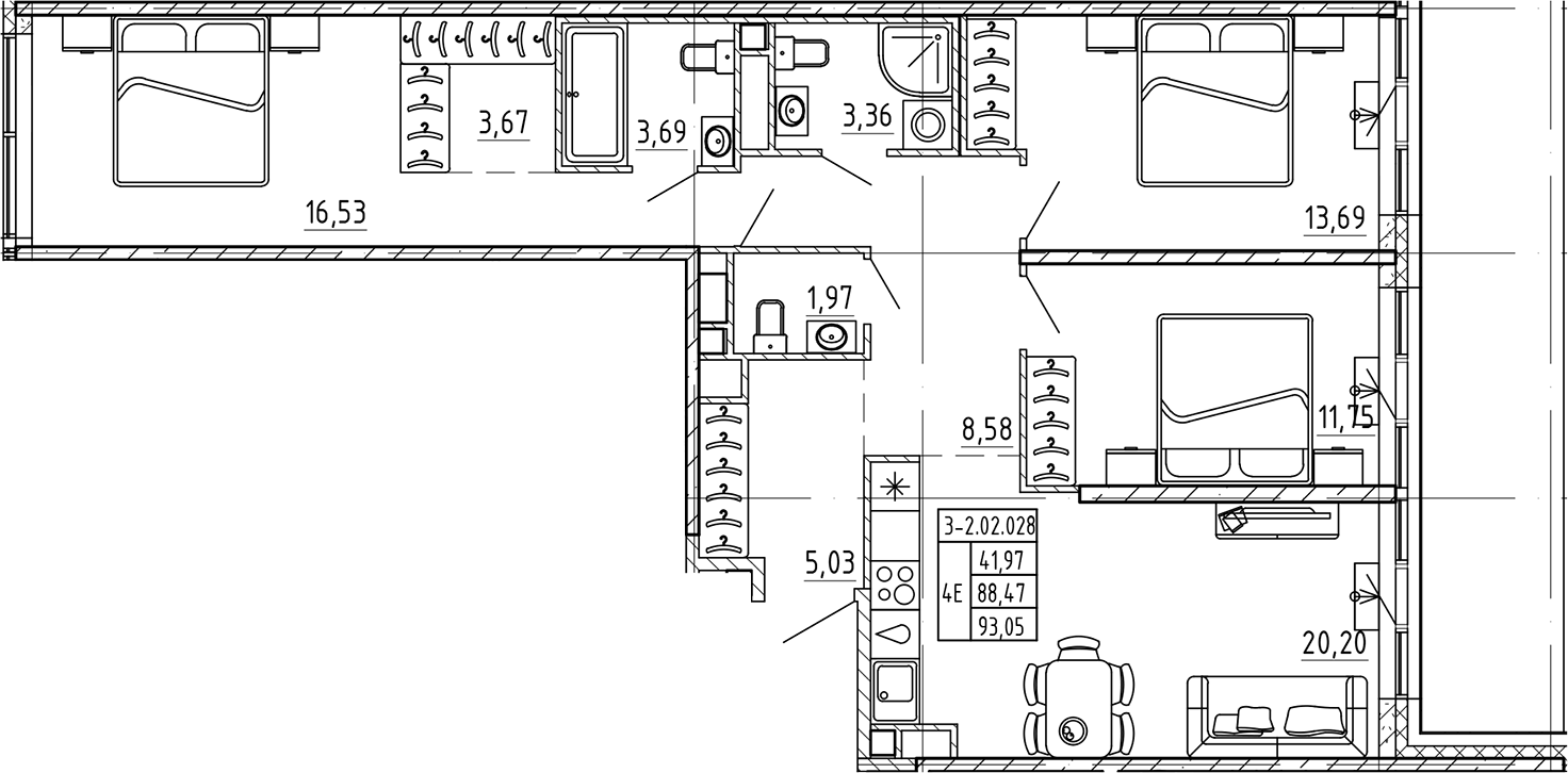 3-комнатная квартира 93.05 м², 2/4 эт., ЖК «AVANT»