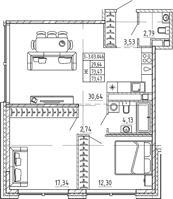 2-комнатная квартира 73.47 м², 3/7 эт., ЖК «AVANT»