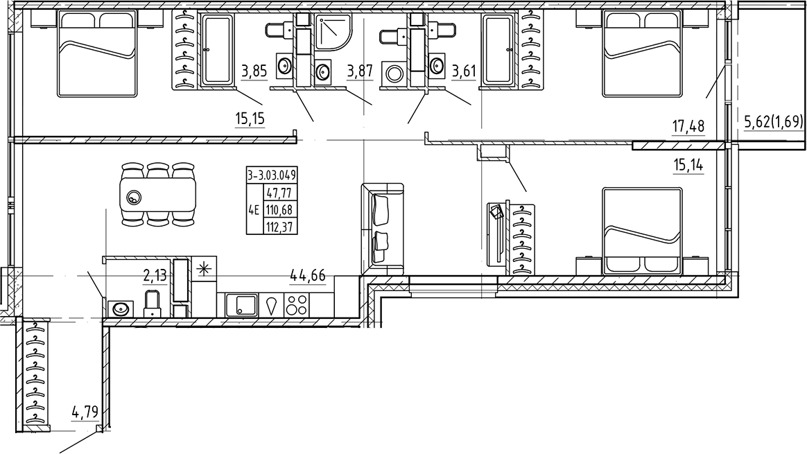 3-комнатная квартира 112.37 м², 3/7 эт., ЖК «AVANT»