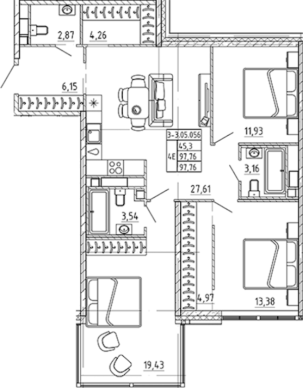 3-комнатная квартира 97.76 м², 5/7 эт., ЖК «AVANT»