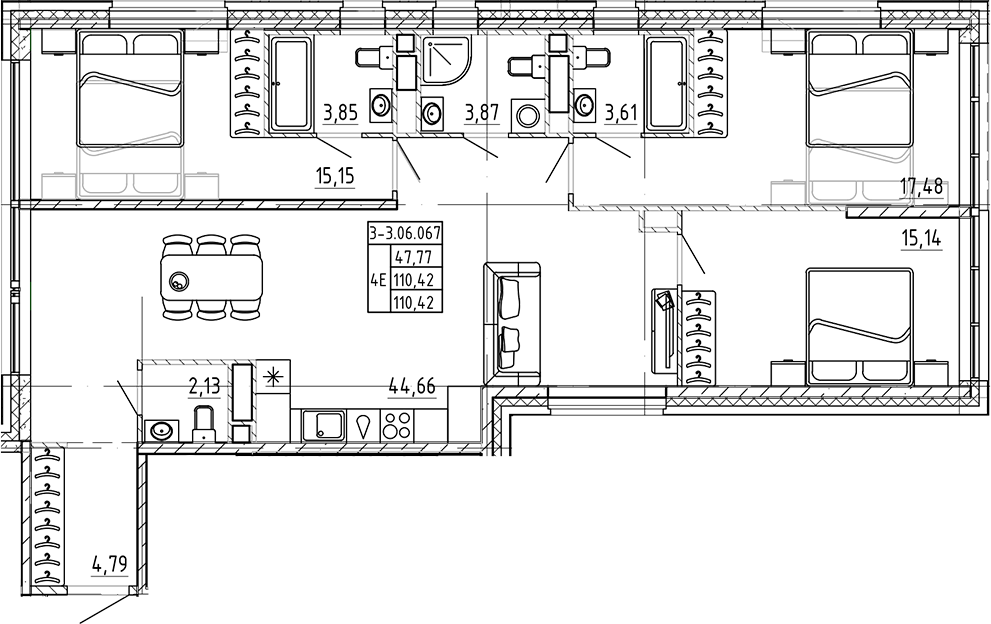 3-комнатная квартира 110.42 м², 6/7 эт., ЖК «AVANT»