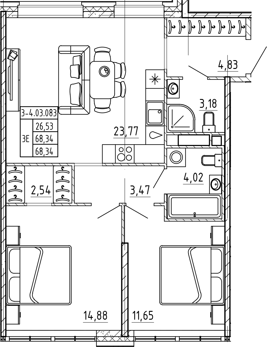 2-комнатная квартира 68.34 м², 3/8 эт., ЖК «AVANT»