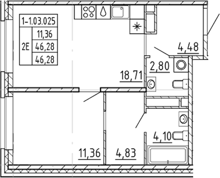 1-комнатная квартира 46.28 м², 3/9 эт., ЖК «AVANT»