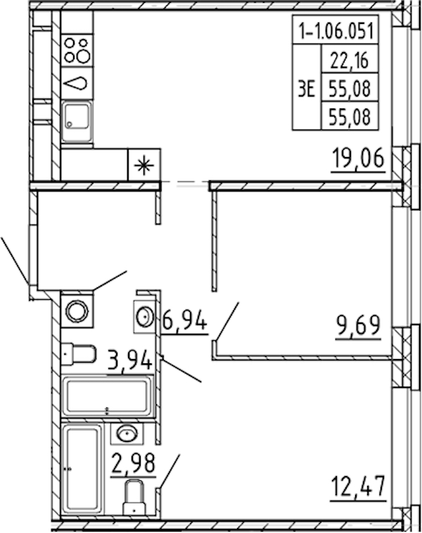 2-комнатная квартира 55.08 м², 6/9 эт., ЖК «AVANT»