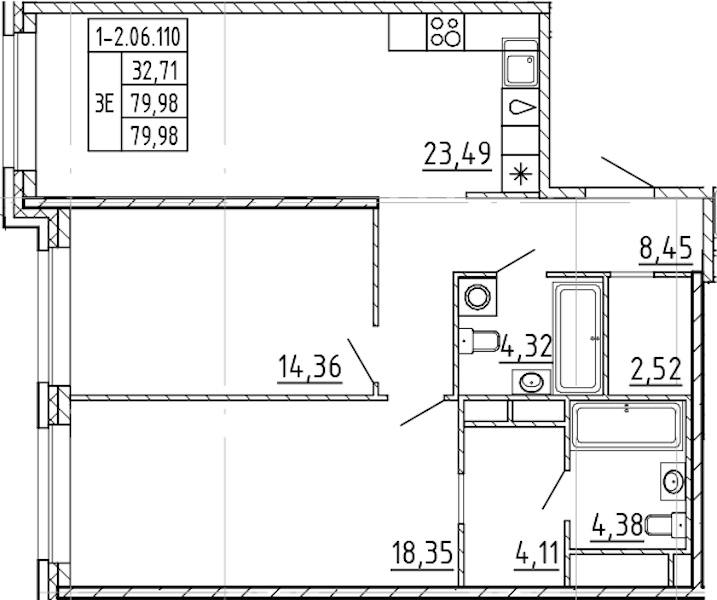 2-комнатная квартира 79.98 м², 6/9 эт., ЖК «AVANT»