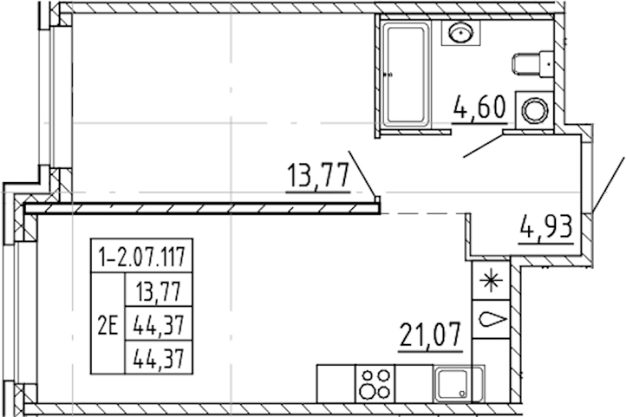 1-комнатная квартира 44.37 м², 7/9 эт., ЖК «AVANT»