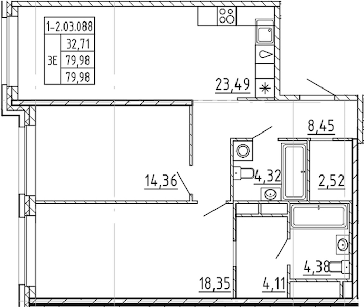 2-комнатная квартира 79.98 м², 3/9 эт., ЖК «AVANT»