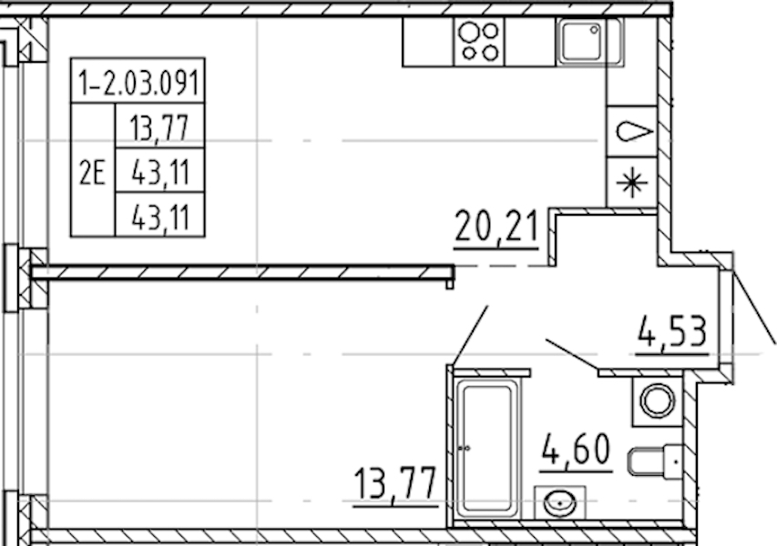 1-комнатная квартира 43.11 м², 3/9 эт., ЖК «AVANT»