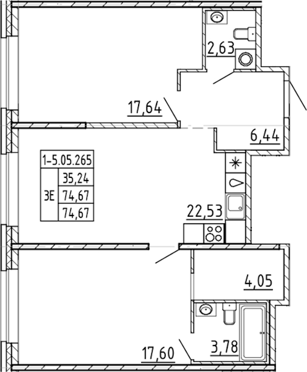 2-комнатная квартира 74.67 м², 5/9 эт., ЖК «AVANT»