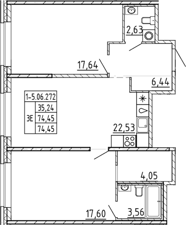 2-комнатная квартира 74.45 м², 6/9 эт., ЖК «AVANT»