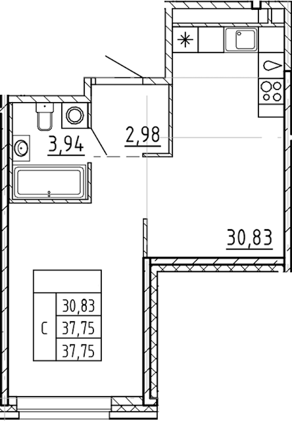 Квартира студия 37.75 м², 2/9 эт., ЖК «AVANT»
