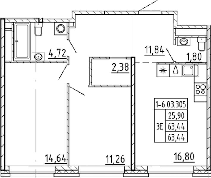2-комнатная квартира 63.44 м², 3/9 эт., ЖК «AVANT»