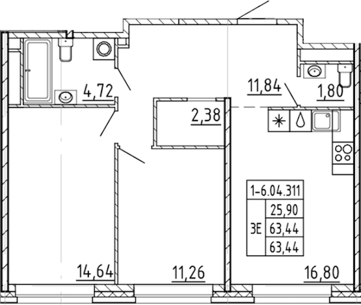2-комнатная квартира 63.44 м², 4/9 эт., ЖК «AVANT»