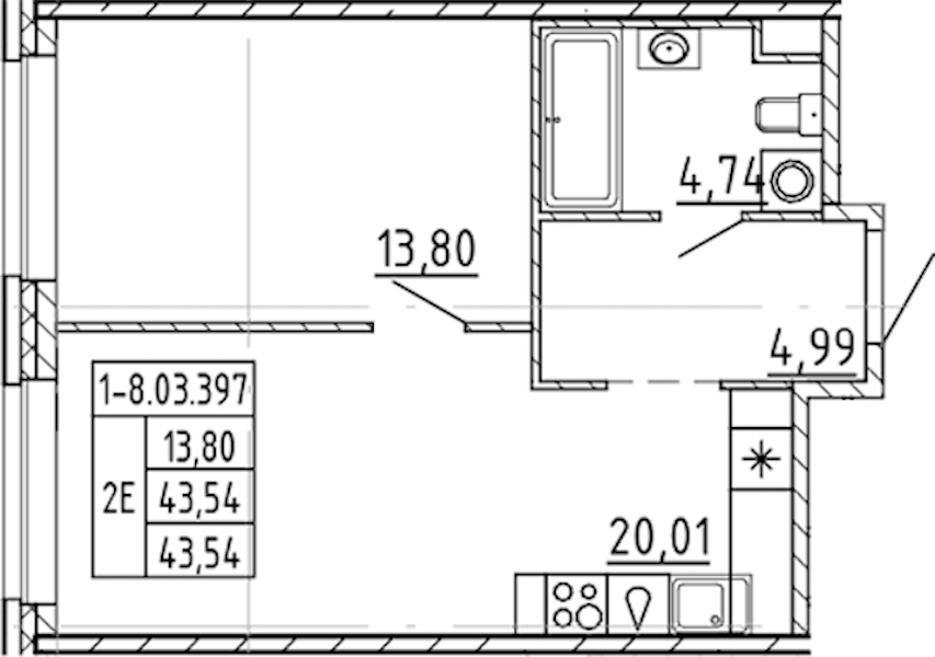 1-комнатная квартира 43.54 м², 3/9 эт., ЖК «AVANT»