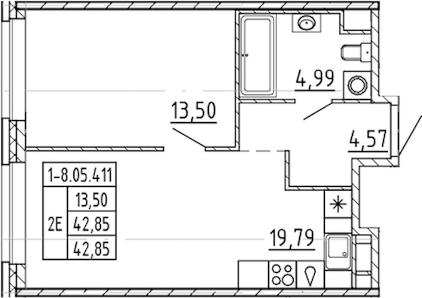1-комнатная квартира 42.85 м², 5/9 эт., ЖК «AVANT»