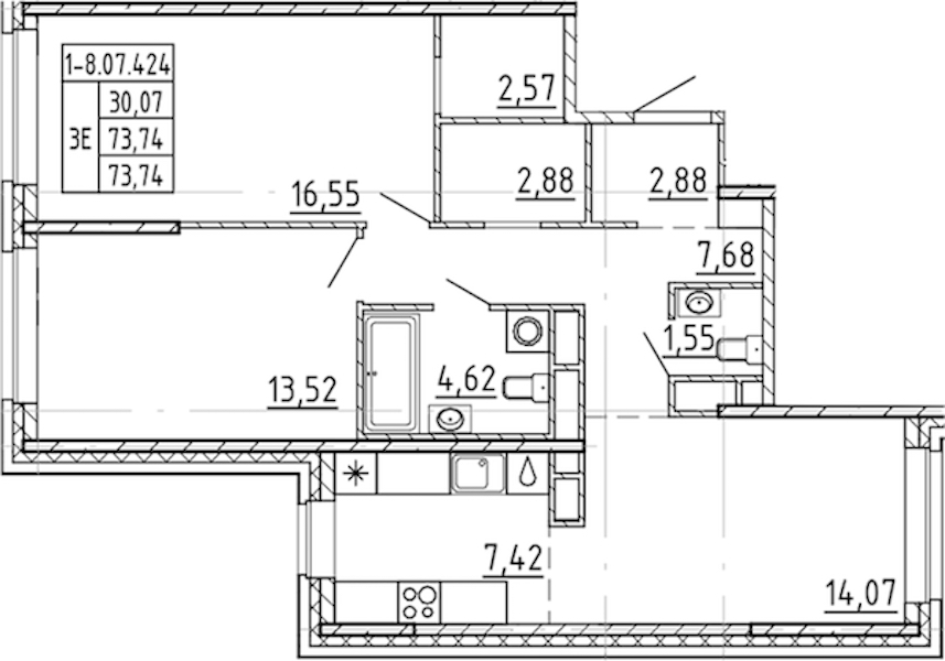 2-комнатная квартира 73.74 м², 7/9 эт., ЖК «AVANT»