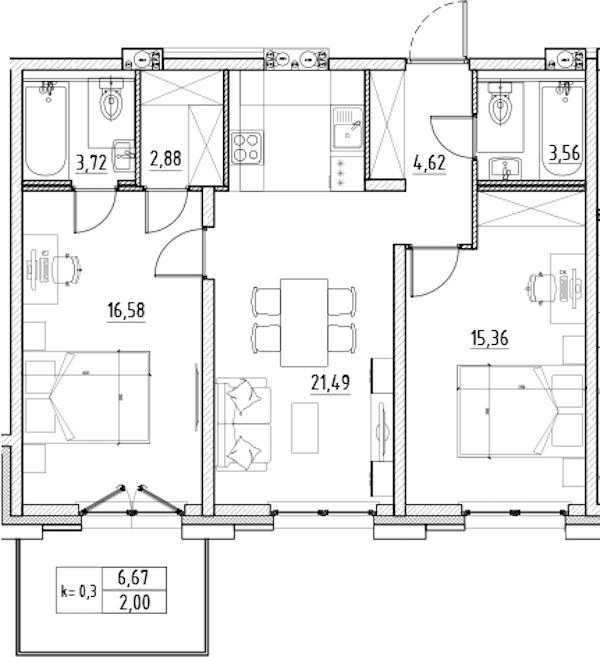 2-комнатная квартира 70.21 м², 4/11 эт., ЖК «Alpen»