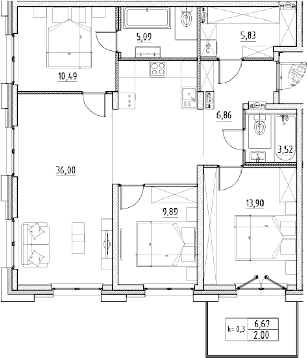 3-комнатная квартира 93.58 м², 5/11 эт., ЖК «Alpen»