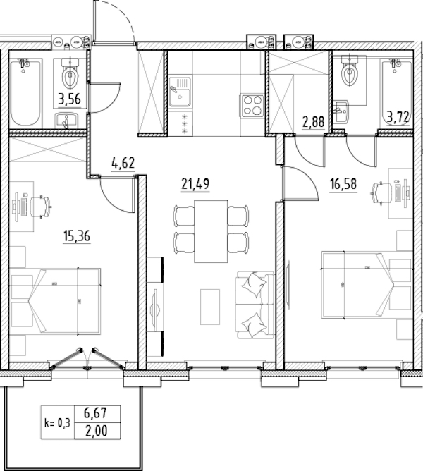 2-комнатная квартира 70.21 м², 7/11 эт., ЖК «Alpen»