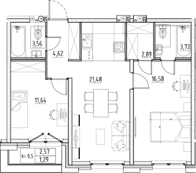 2-комнатная квартира 65.78 м², 8/11 эт., ЖК «Alpen»