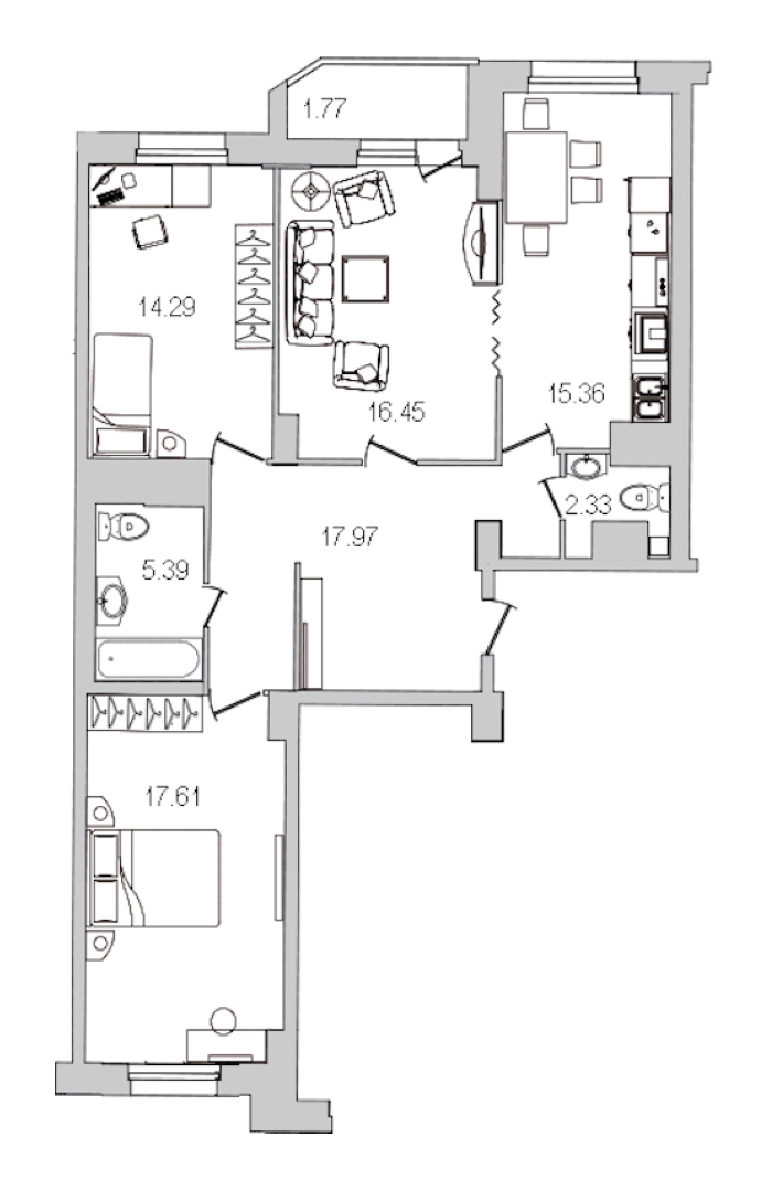 3-комнатная квартира 91.17 м², 10/25 эт., ЖК «Шекспир»