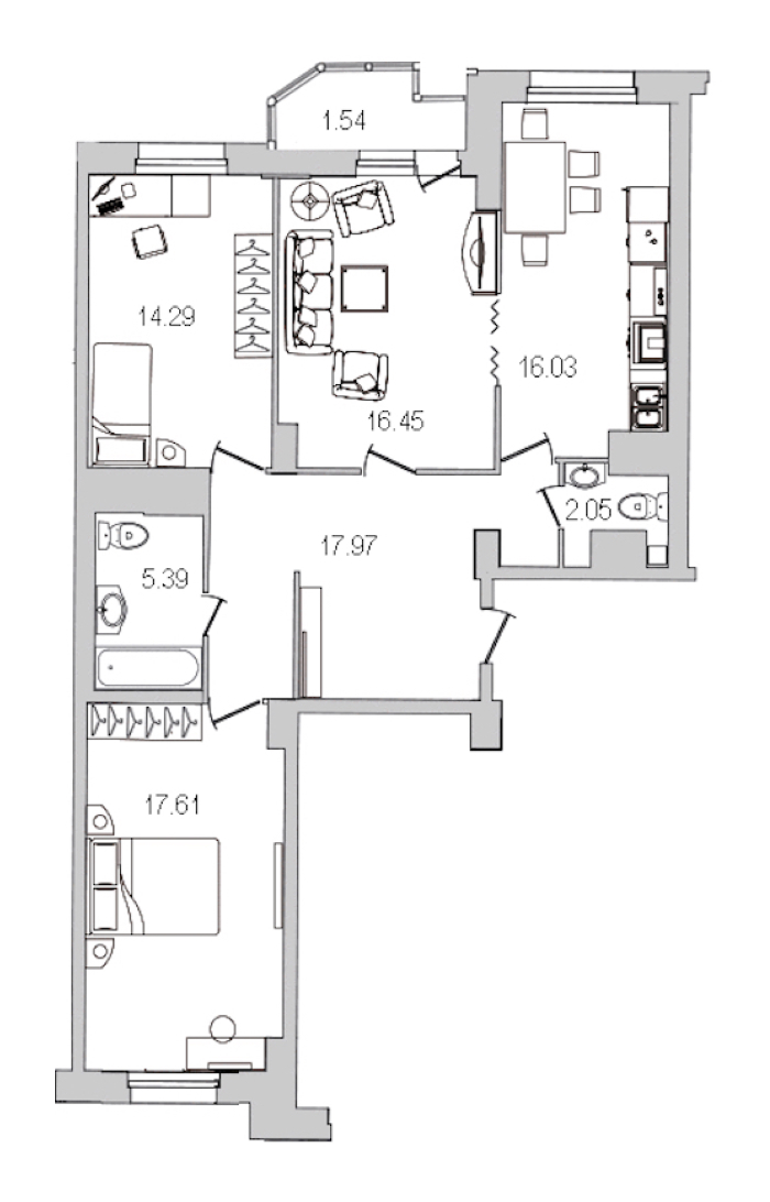 3-комнатная квартира 91.33 м², 18/25 эт., ЖК «Шекспир»