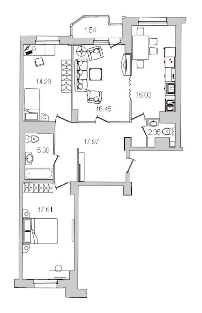 3-комнатная квартира 91.33 м², 20/25 эт., ЖК «Шекспир»