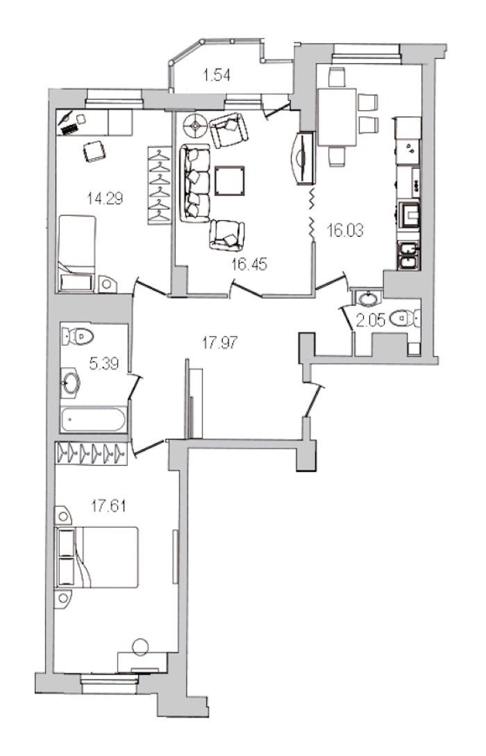 3-комнатная квартира 91.33 м², 23/25 эт., ЖК «Шекспир»